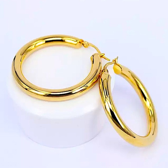 Gold Stainless Steel Tube Hoop Earrings - Picture 1 of 4